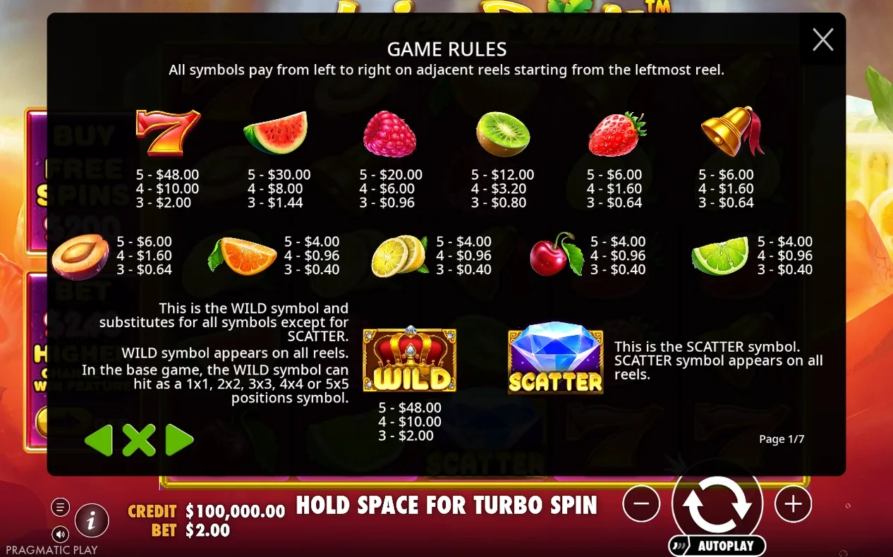 Pagina 1/7 din Game Rules listează plățile pentru 7, fructe, WILD coroană (5x-$48.00) și SCATTER diamant.