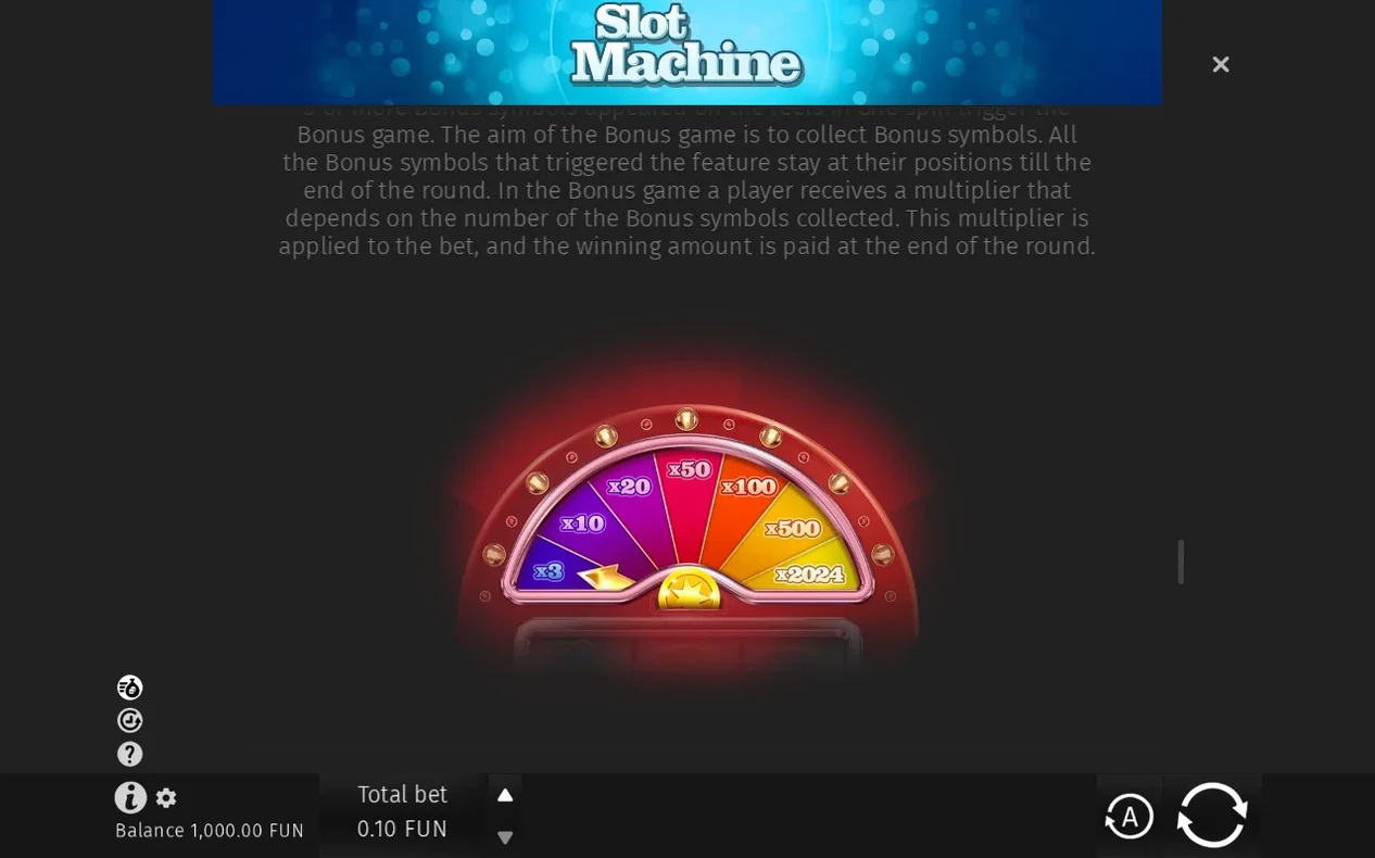 Roata bonus cu multiplicatori de la x3 la x2024, sub textul care explică regula jocului Bonus Game.